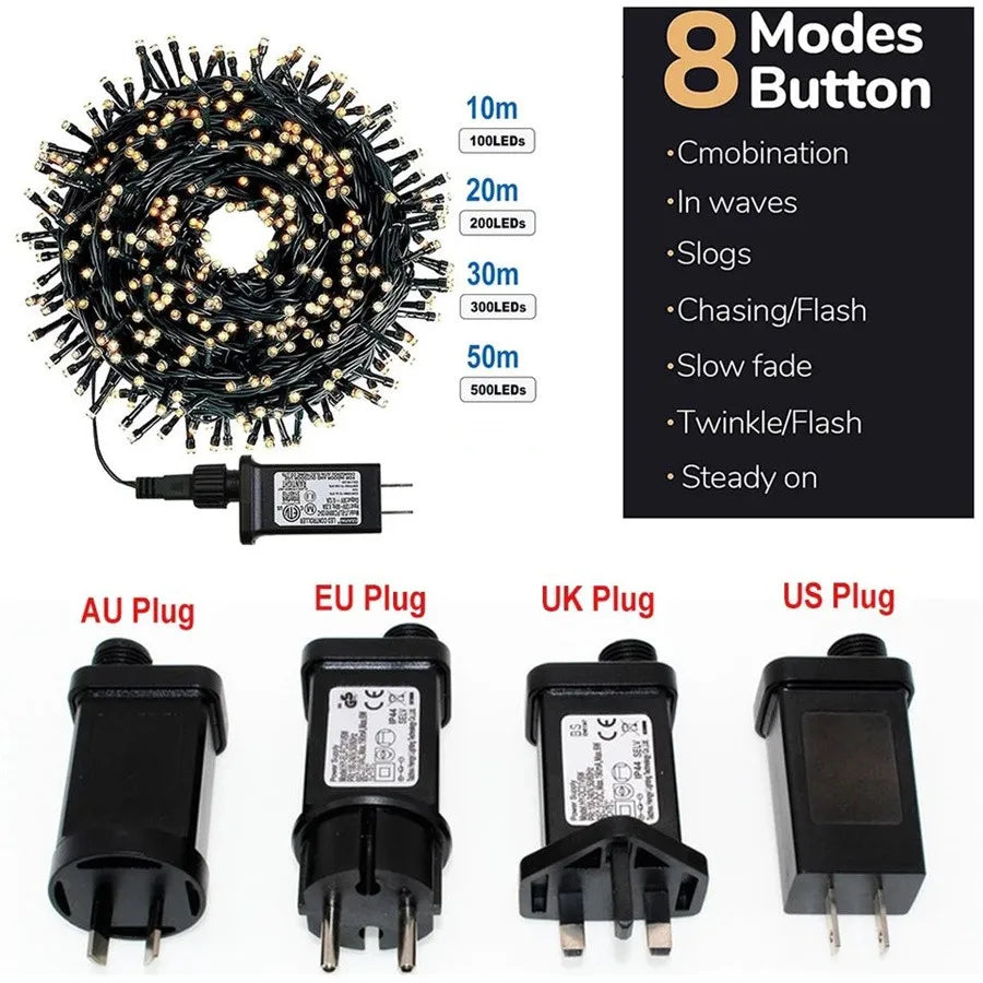 سلسلة أضواء LED مقاومة للماء بطول 20 متر و30 متر و50 متر، 8 أوضاع لإضاءة زينة عيد الميلاد في الحديقة وحفلات الزفاف وشجرة الكريسماس