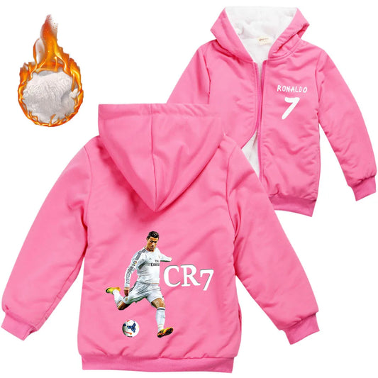 CR7 Outdoor Jacket For Children Winter Hooded Warm Windbreaker Casual Baby Boy Velvet Thick Coats Kids Clothing Fur