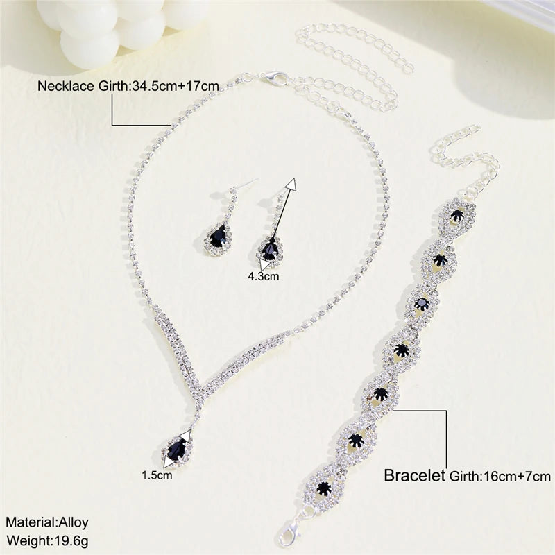 3 Pcs Luxury Rhinestone Bride Jewelry Set for Women Black Water Drop Crystal Earrings Wedding V Necklace Eye Bracelet Fashion