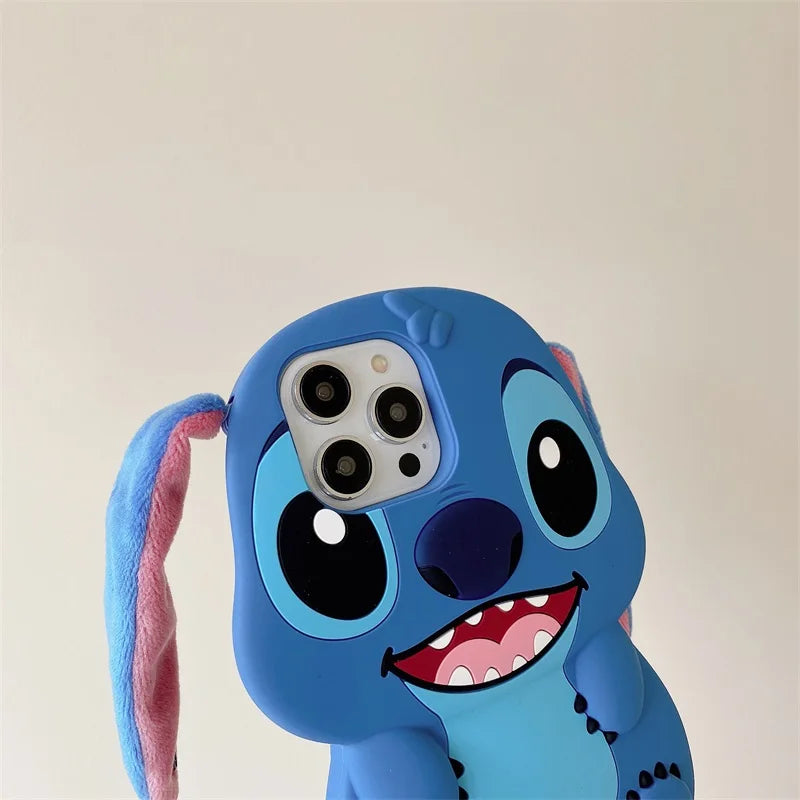 Bandai 3D Silicone Cartoon Phone Case Stitch For iPhone 14 13 12 11 15 Pro Max Fluffy Fur Plush Ear Stitch Cover Men Kids Gift