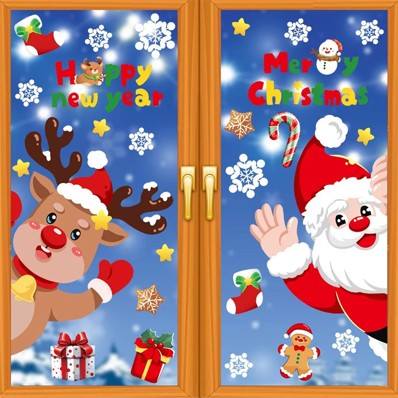 Merry Christmas 2024 Window Decoration Stickers Electrostatic Glass Decals Santa Claus Snowman Snow Flake Pattern Xmas Ornaments