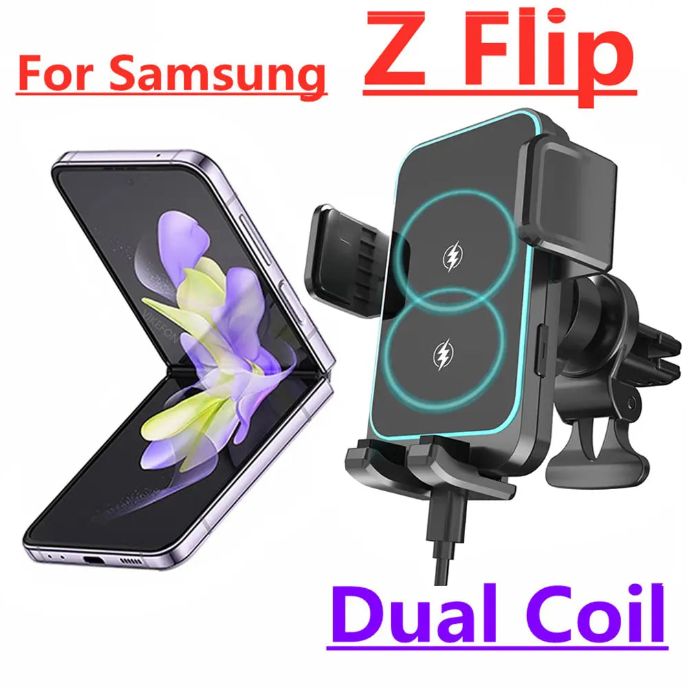 适用于三星 Galaxy Z Flip 4 3 S22 S21 iPhone 的 15W 双线圈无线车载充电器自动夹式快速车载充电手机支架