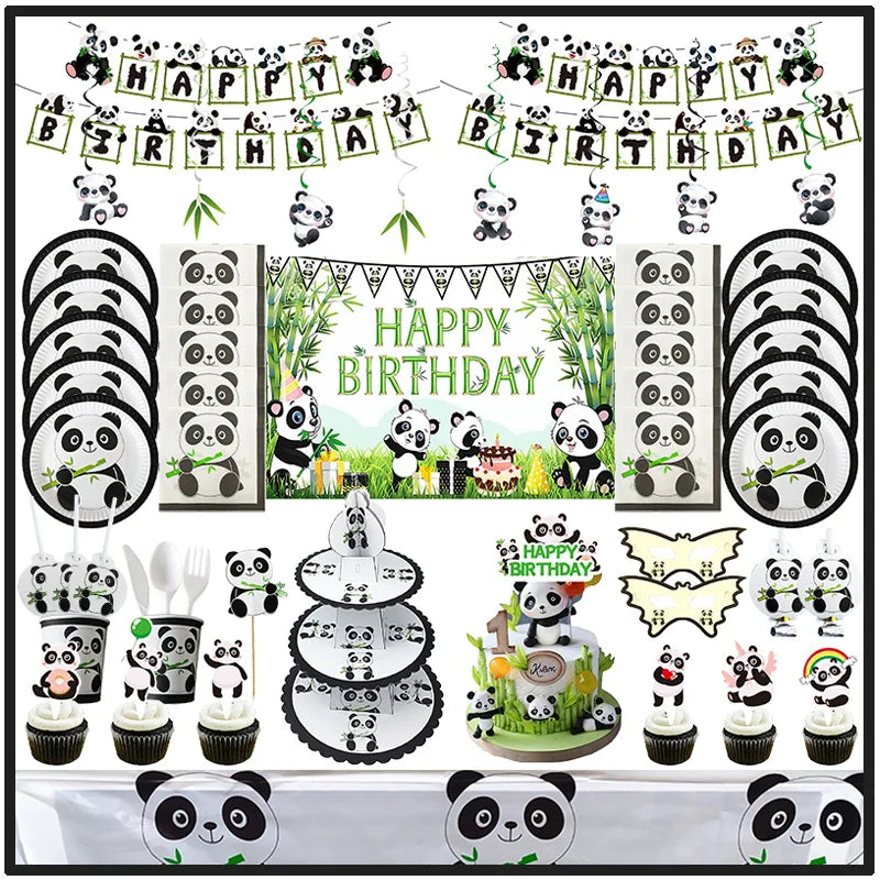 Cartoon Panda Theme Birthday Party Decoration Kit Panda Bamboo Tableware Background Balloon Supplies Happy Birthday Party Favors