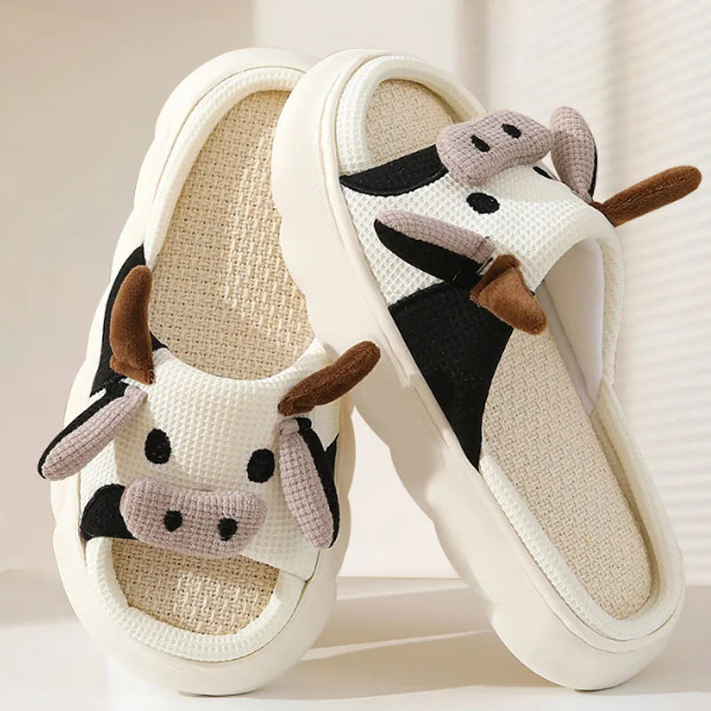 Family home platform slipper cartoon cow trampling shit feeling ladies dormitory four seasons linen slipper man