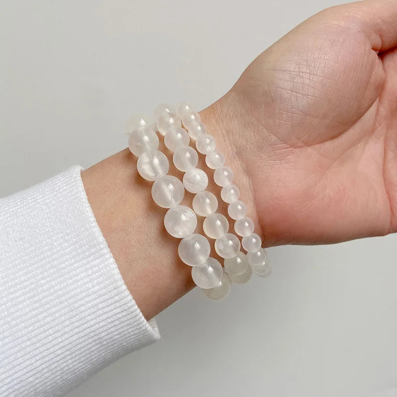 100% Real Natural Gypsum Stone Bracelet White Selenite Bracelets For Women Men 6 8 10 MM Beads Bracelet Stretch Bracelet Jewelry