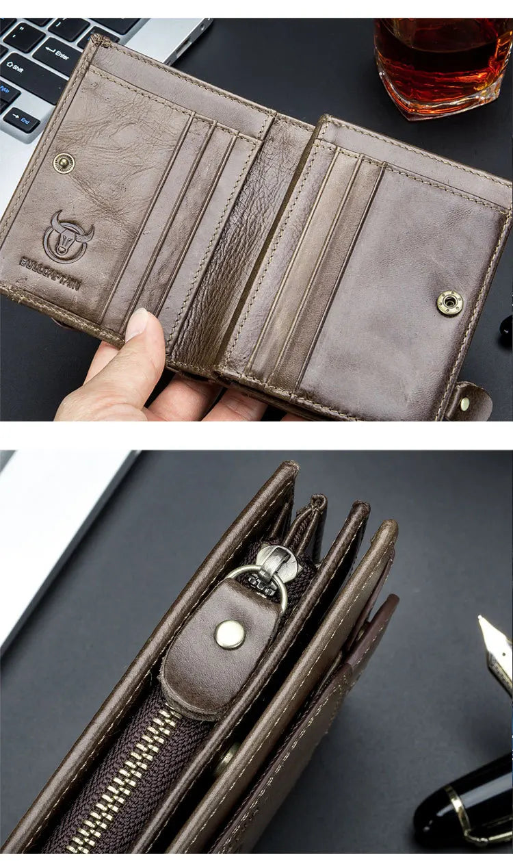 Vintage RFID Men's Wallet Cowskin Genuine Leather Short Wallets Male Cowhide Zipper Coin Pocket Man Purse with Card Holder