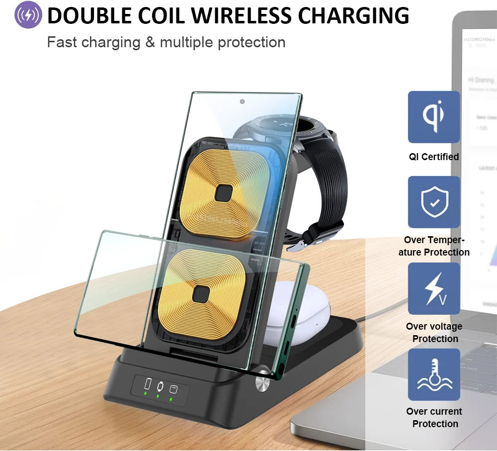 Foldable Wireless Charger Stand, Fast Charging Dock Station for iPhone 15 14 13 12 Samsung S23 S22 S21 Galaxy Watch