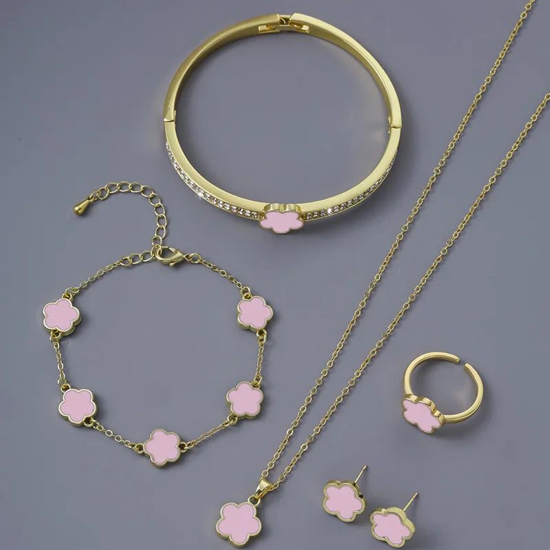 5pcs/set Luxury Quality Jewelry Sets Plum Blossom Plant Five Leaf Flower Women's Earrings Rings Bracelet Necklace Bangles Gift