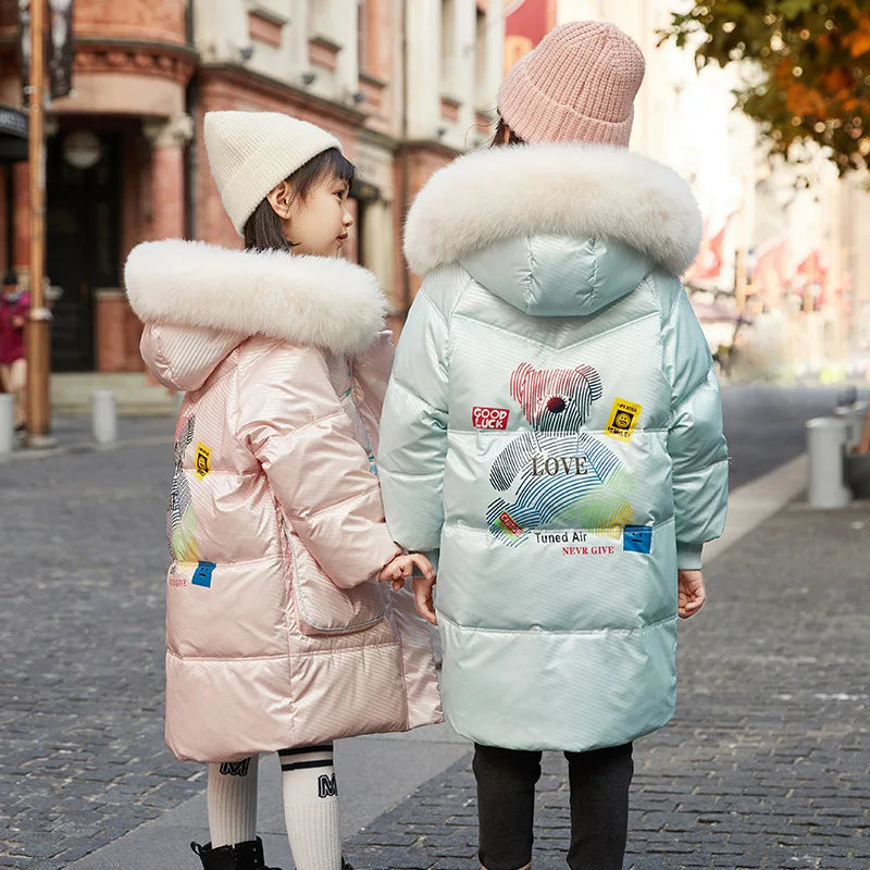 RAISE Korean Winter Kid Girl Down Jacket Colorful Bear Print Waterproof Thicken Baby Girl Outerwear 5-14 Year Junior Girl Parkas