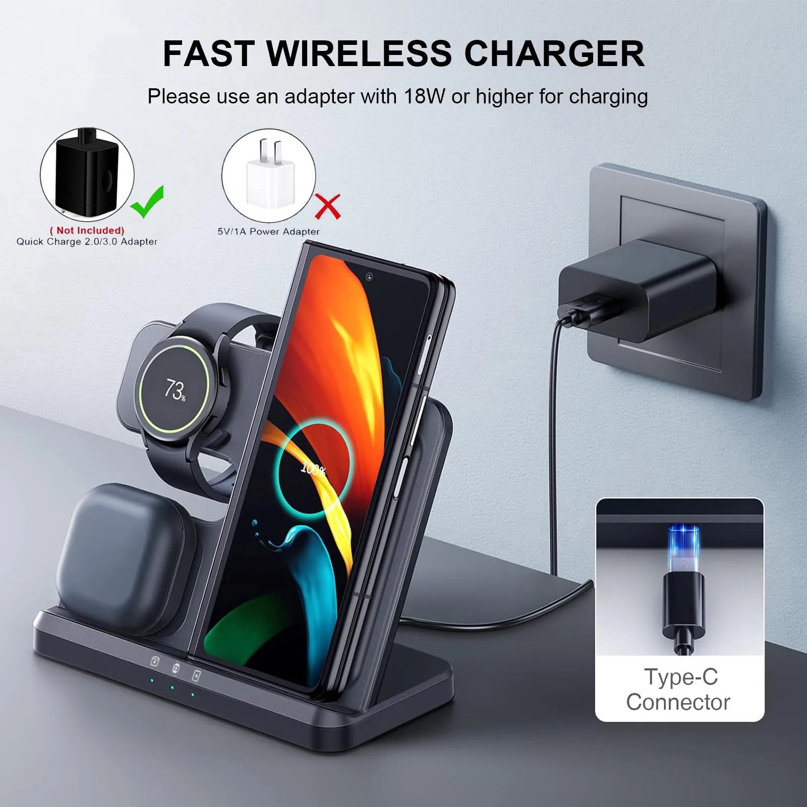 3 in 1 Charging Station for Samsung S24 S23 S22 Z Flip/Fold Fast Wireless Charger Dock Stand For Galaxy Watch 7 6 5 Buds 3/2