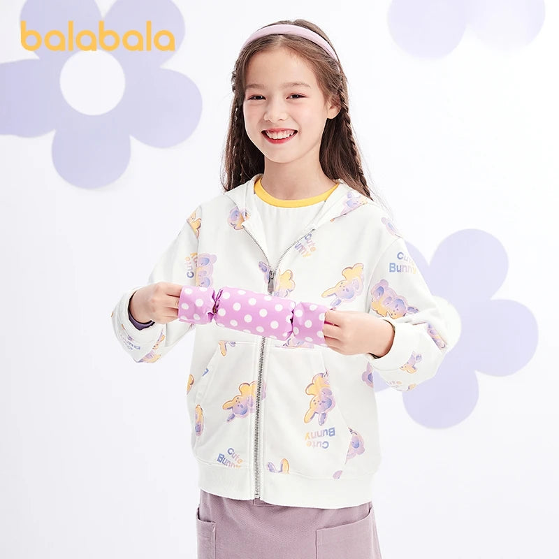 Balabala Kids Girl Jackets Spring and Autumn Hooded Rabbit Print Sweet Knitted Long-Sleeve Jacket