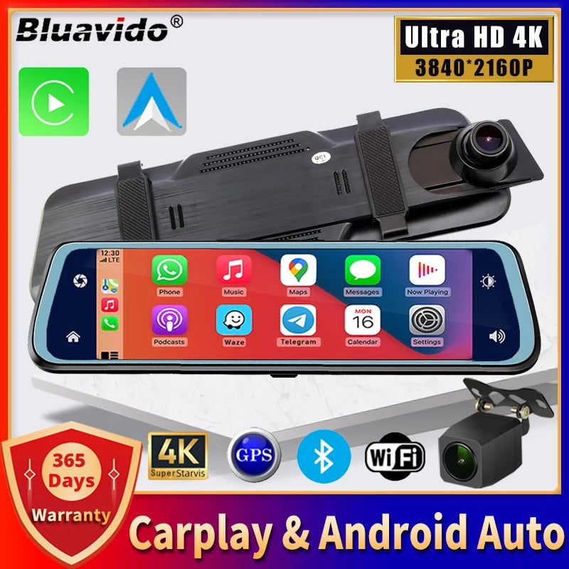 4K UHD 2160P Carplay Android Auto Dash Cam Stream RearView Mirror GPS Navi 5G WIFI Car DVR Video Camera Recorder FM Transmitter