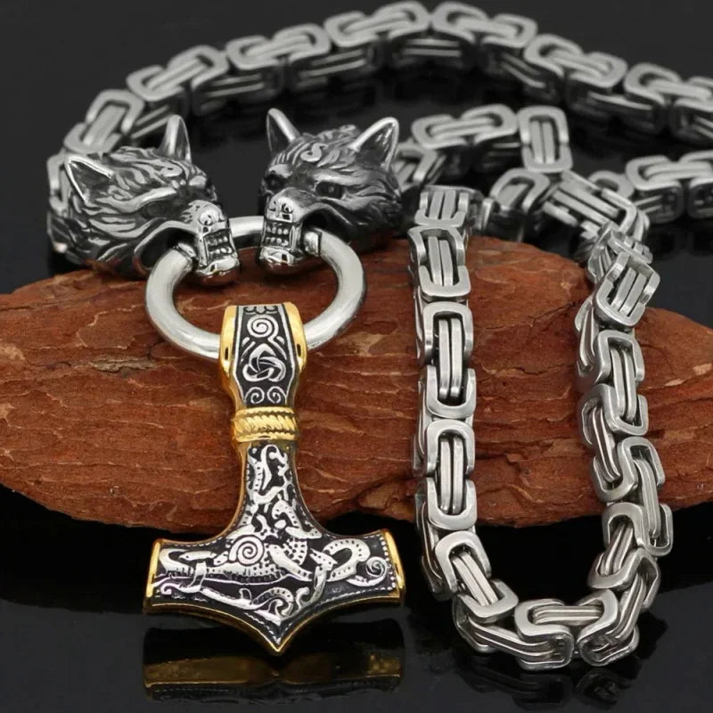 Fashionable And Exquisite New Retro Nordic Viking Hammer Pendant Wolf Head Necklace For Personalized Men'S Amulet Jewelry Gift