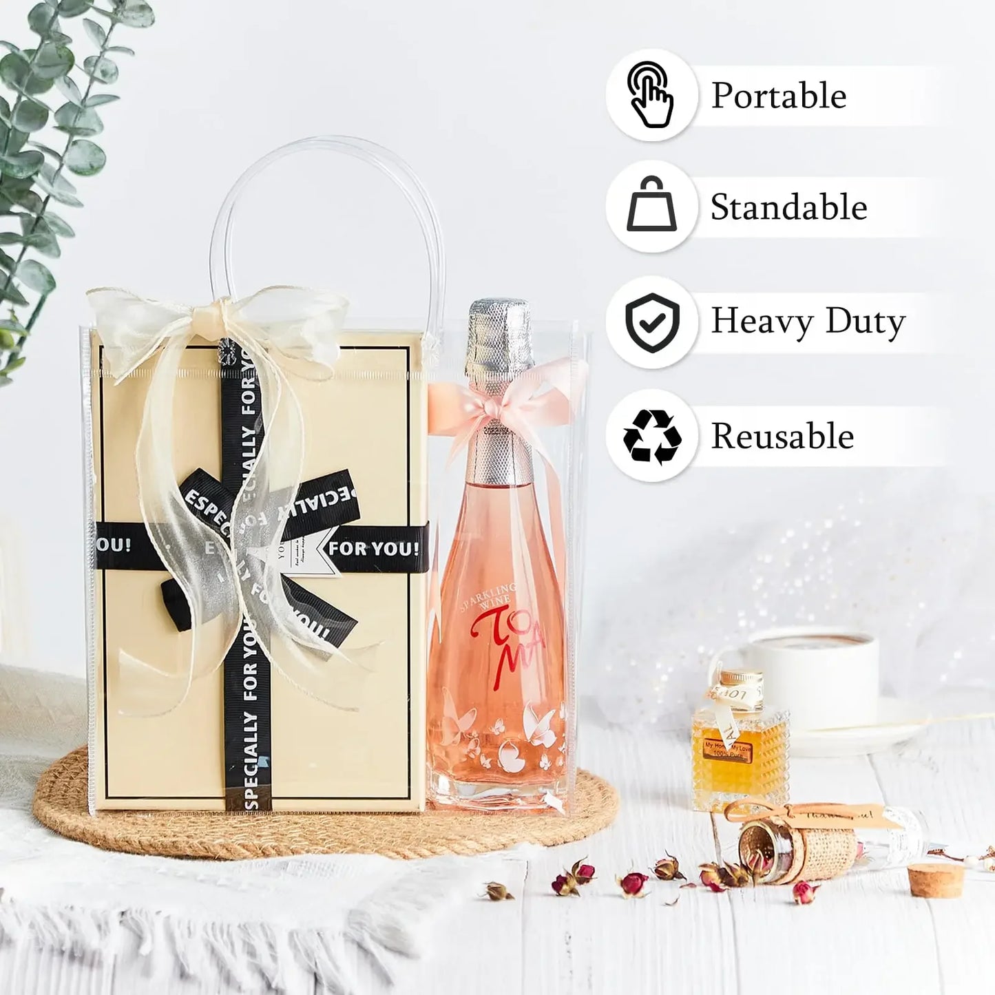 100Pcs Transparent Gift Bags,PVC Clear Plastic Gift Bags with Handle Transparent Reusable Tote Gift Bag Wedding Party Supplies