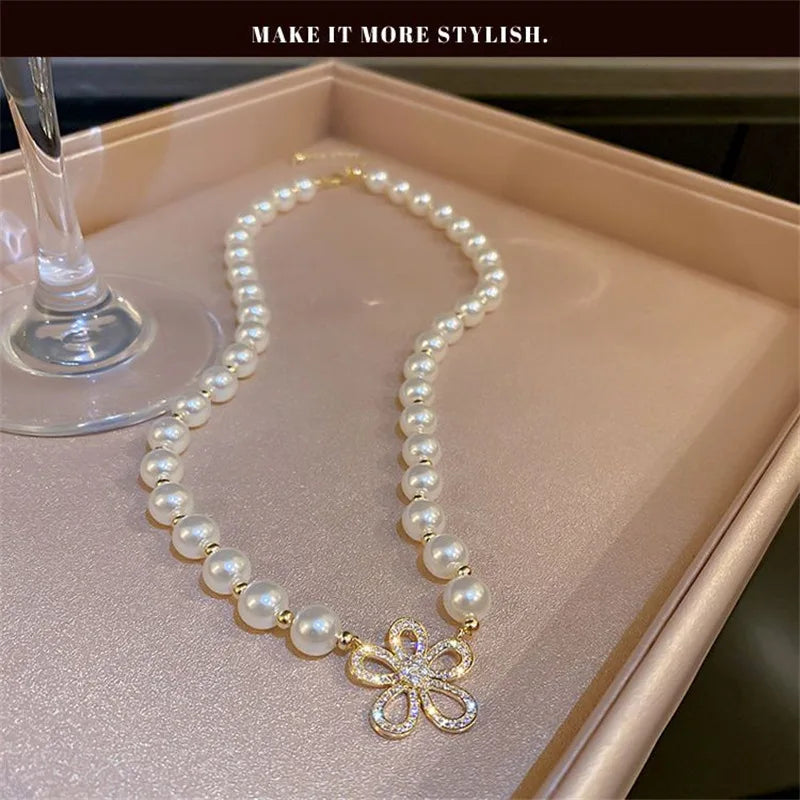 Elegant Fashion Flower Pearl Jewelry Set for Women Necklace Bracelet Earring Set Collarbone Chain Luxury Wedding Jewelry Gift