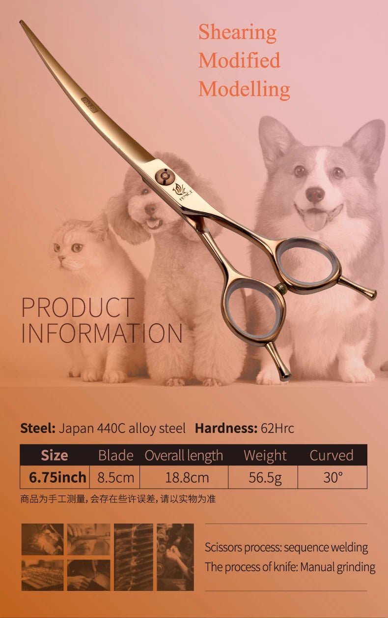 Fenice Professional 6.5/7 Inch Pet Curved Grooming Scissors serrated blade with saw Pet Scissors Shears for Dogs Cats JP440C