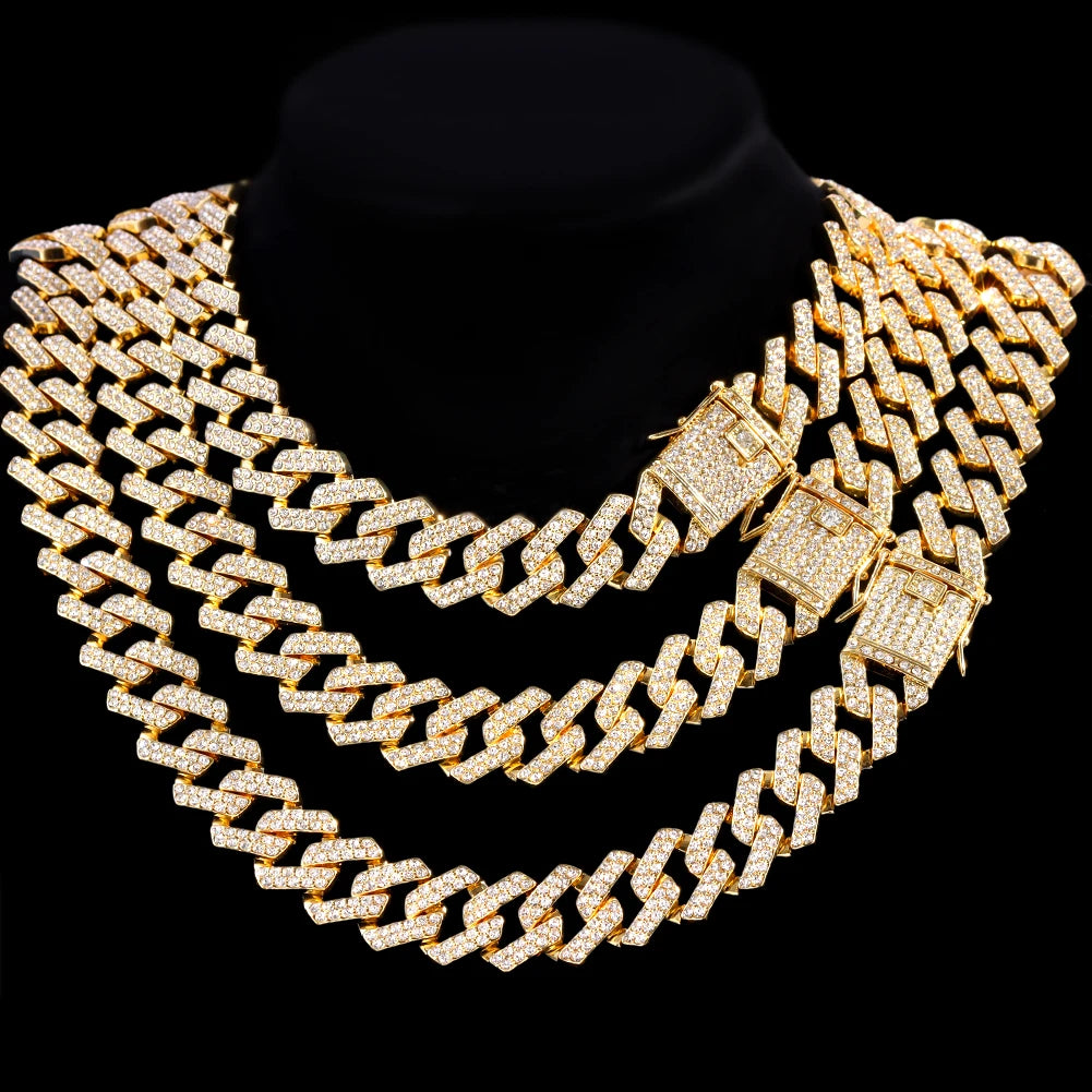 20MM Men Hip Hop Prong Cuban Link Chain Necklace Bling Iced Out 2 Row Rhinestone Paved Miami Rhombus Cuban Necklaces Jewelry