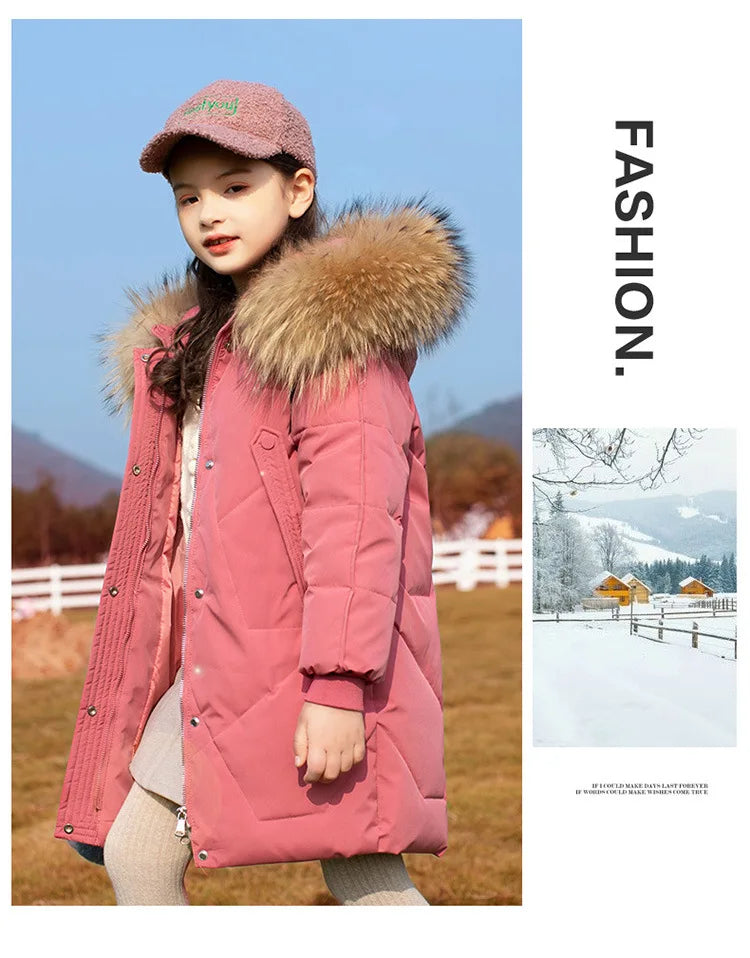 RAISE 2024 Winter Down Jackets For Grils 5-14Y Kids Junior Girl Parkas Real Raccoon Fur Solid Waterbreaker Babys Girls Outerwear