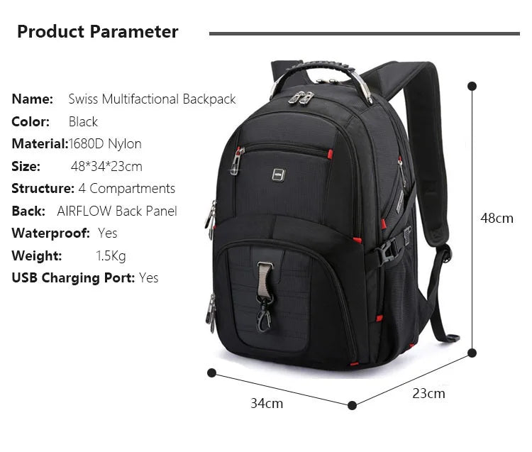 Swiss-Multifunctional bags Durable 17 Inch Laptop Backpack, Travel Bag,College Bookbag,USB Charging Port,Water Resistant