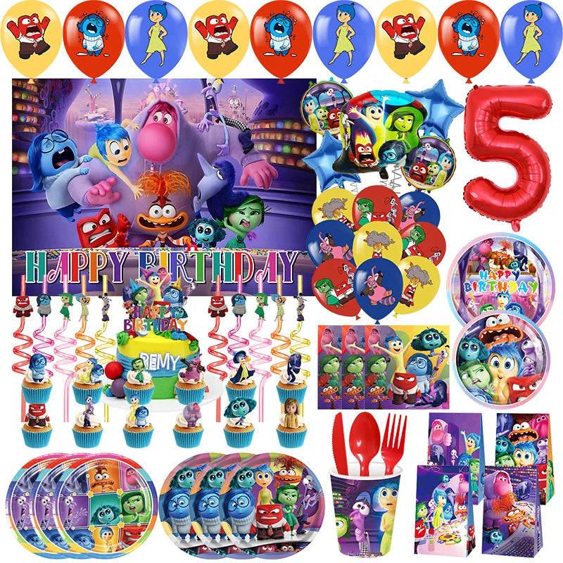 Disney Inside Out 2 Party Decorations Supplies New Inside Out Theme Tableware Set Happy Banner Backdrop Anxiety Balloons Kit Kid