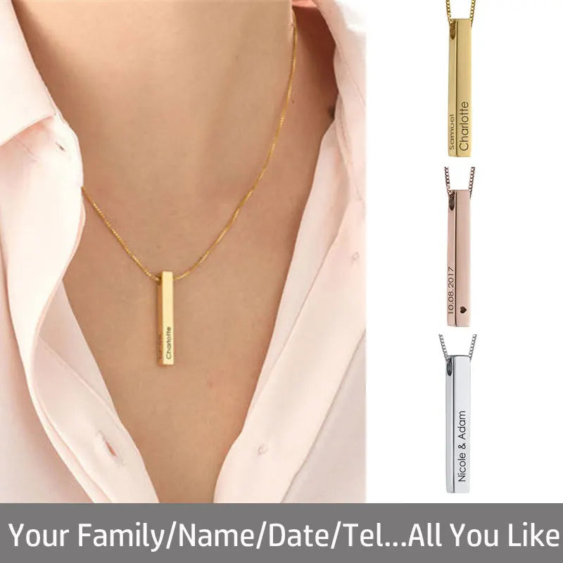 Bulbusbow Custom Stainless Steel Engraved Bar Necklace – Personalized Name Pendant Jewelry Set for Women | Classic Unisex Gift