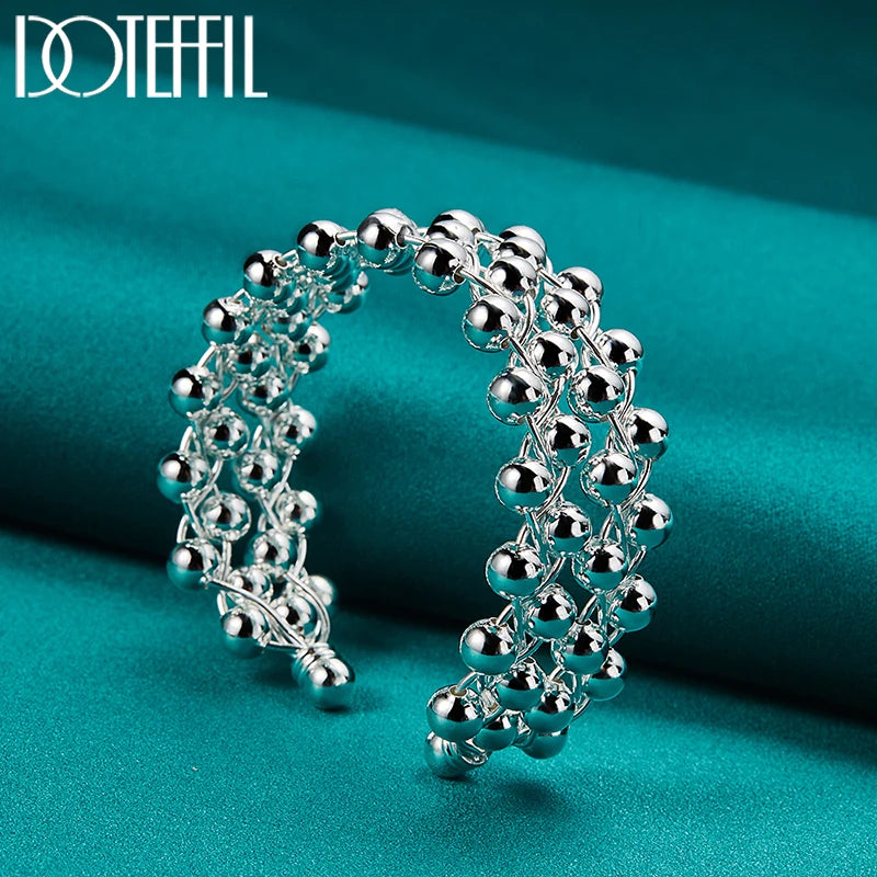 DOTEFFIL 925 Sterling Silver Full Smooth Beads Bangle Bracelet For Woman Man Wedding Engagement Fashion Charm Party Jewelry