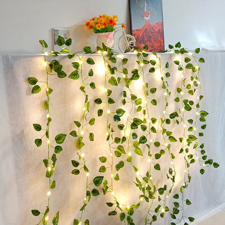 2Meter Green Leaf Ivy Vine with LED Lights String for Home Bedroom Decor Wedding Glowing Artifical Plant Garland Home Decor