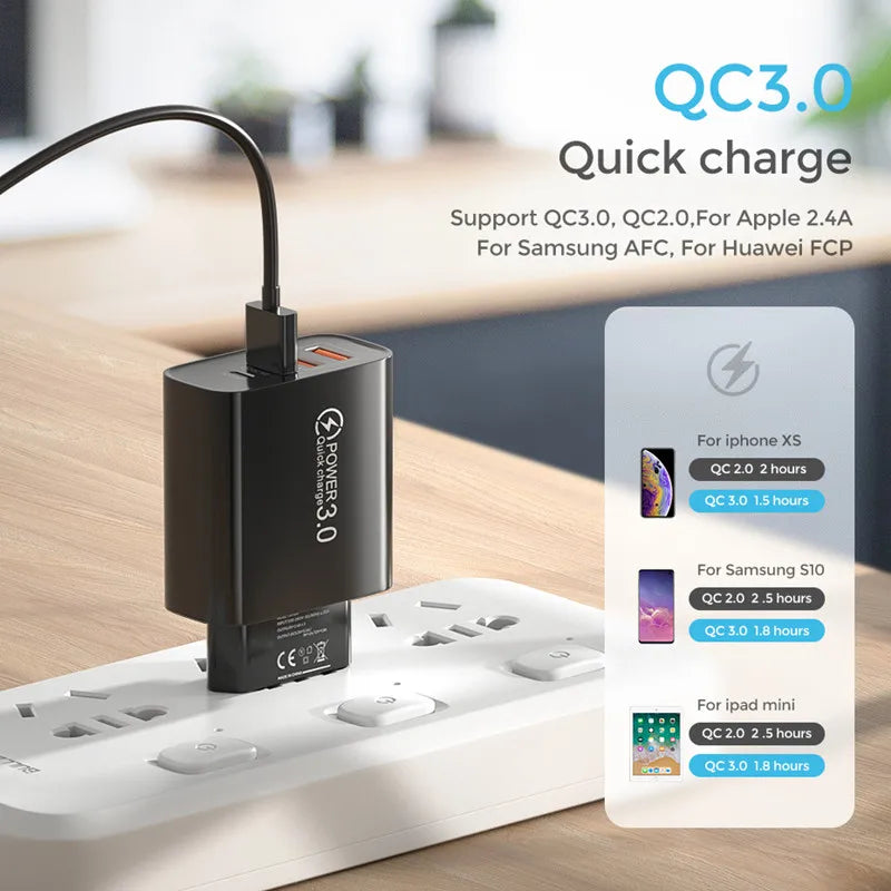 شاحن USB C 60 وات سريع الشحن مزود بـ 4 منافذ PD TypeC Quick Charge3.0 محول طاقة حائطي لهاتف iPhone وXiaomi وSamsung