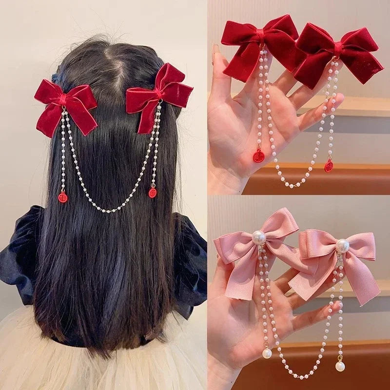 Elegant Pearl Bow Tassel Hair Clip Solid Velvet Hair Claw Children Princess Best Hairpins New Fashion Beauty Hair Accessories