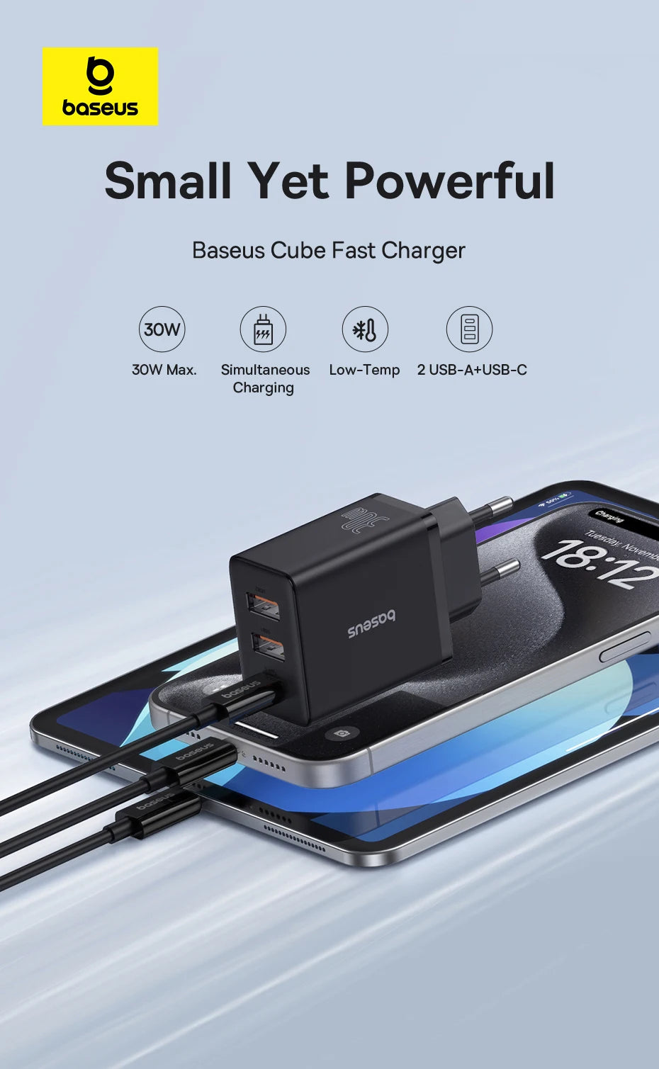 Baseus 30W USB Charger QC3.0 PD3.0 Type C PD Fast Charging 3 Ports Quick Phone Charger For iPhone 15 14 13Pro Max Xiaomi Samsung