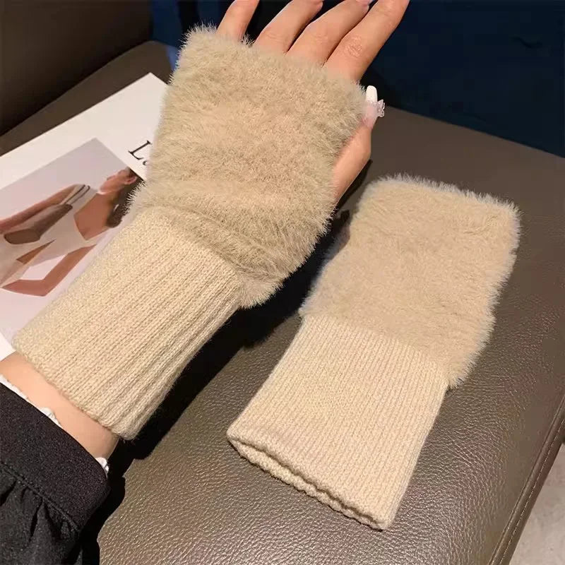 Mink Fleece Soft Winter Half Finger Gloves Women Warm Luxury Solid White Plush Knitted Fingerless Gloves Wrist Mittens Writting