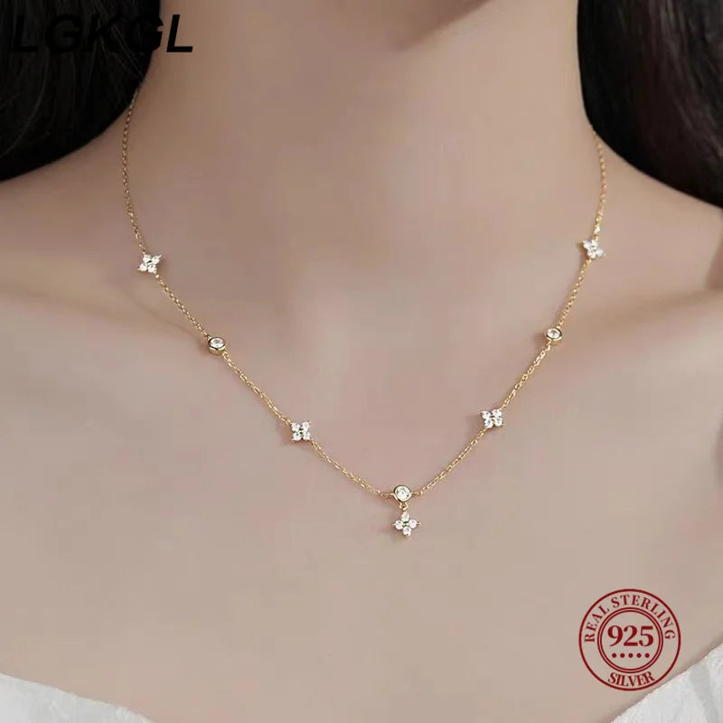 LGKGL Read S925 Sterling Silver Plated 18K Gold Sparkling Zircon Flower Necklace for Women Girl Exquisite Party Jewelry Gifts