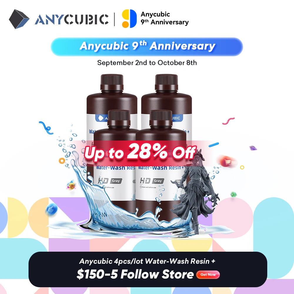 عرض مسبق من ANYCUBIC، 4 قطع/وحدة، راتينج قابل للغسل بالماء 405 نانومتر لطابعة LCD ثلاثية الأبعاد، مادة طباعة ثلاثية الأبعاد من راتينج فوتوبوليمر سائل