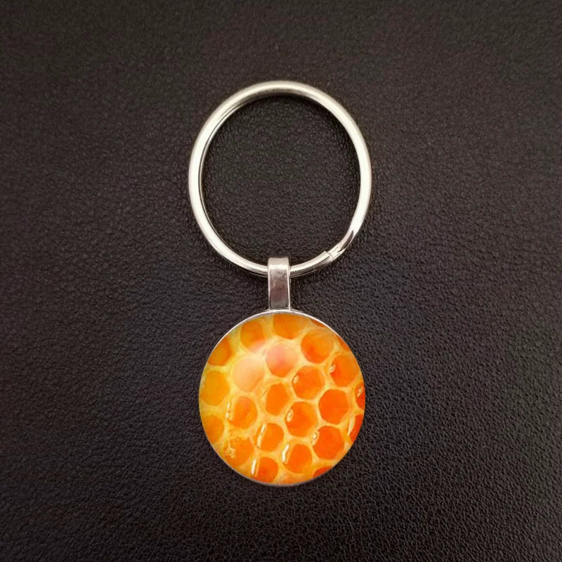 Bulbusbow Cute Insect Bee Keychain Fashion Geometric Honeycomb Honey Bee 3D Printed Glass Dome Key Ring Chain Bumble Bee Trinkets