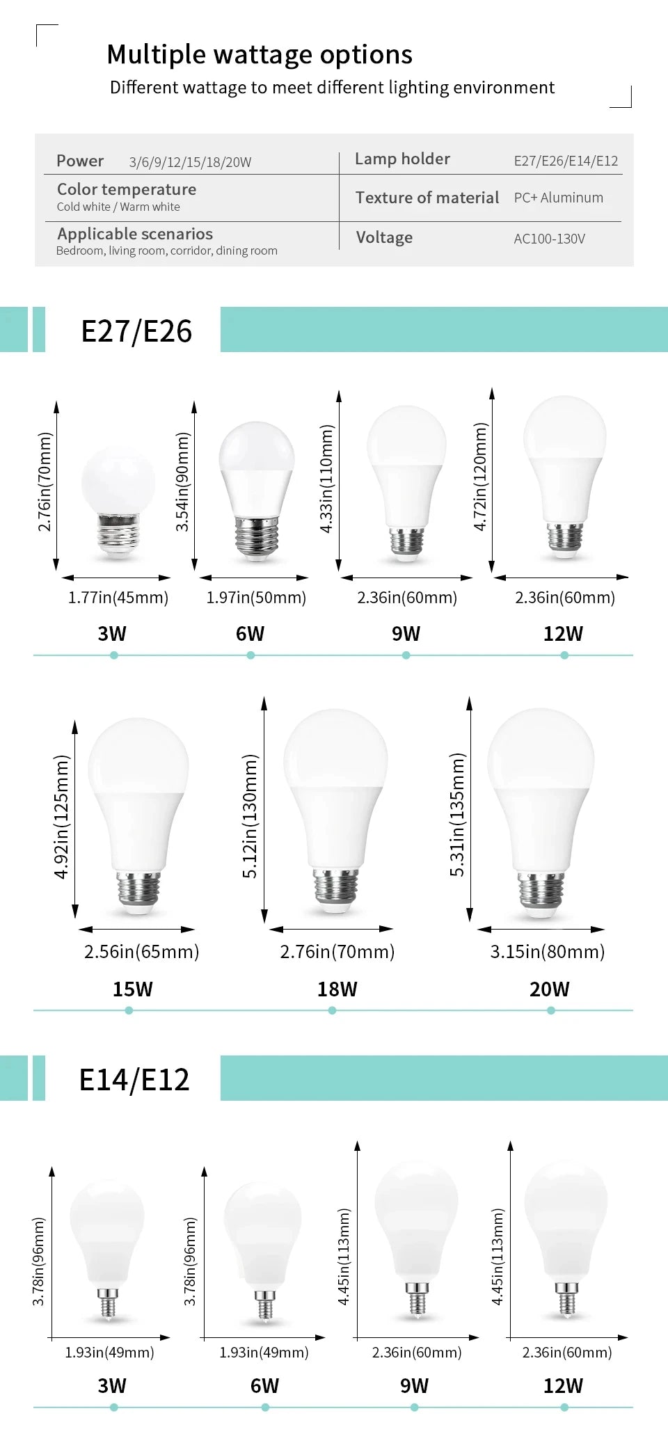 10pcs/lot LED BULB 100-130V E27 E26 E14 E12 20W 18W 15W 12W 9W 6W Lampada LED Light Bombilla Spotlight Lighting Cold/Warm White