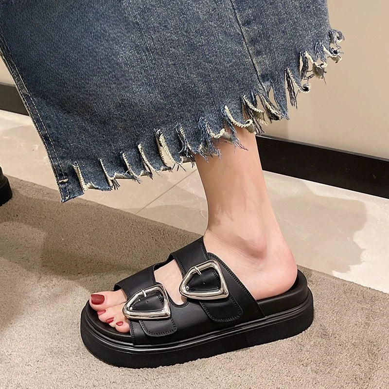 Slides Rubber Black Women's Slippers and Ladies Sandals Round Toe Height Summer 2024 with Heel Shoes Unique Luxury Normal Casual