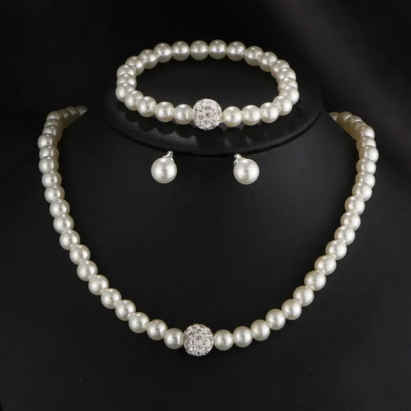 3 PCS Set Imitation Pearl Necklace Bracelet Earring Stud Set Fireball Pearl Beaded Women Luxury Bridal Party Jewelry Set