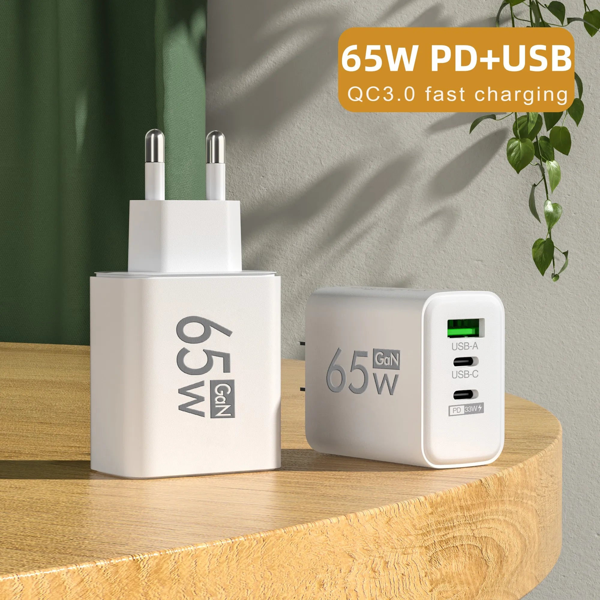 شاحن PD 65W USB C شاحن GaN سريع الشحن 3.0 من النوع C محول هاتف لـ iPhone 15 14 Samsung Xiaomi 3 منافذ شاحن حائط سريع