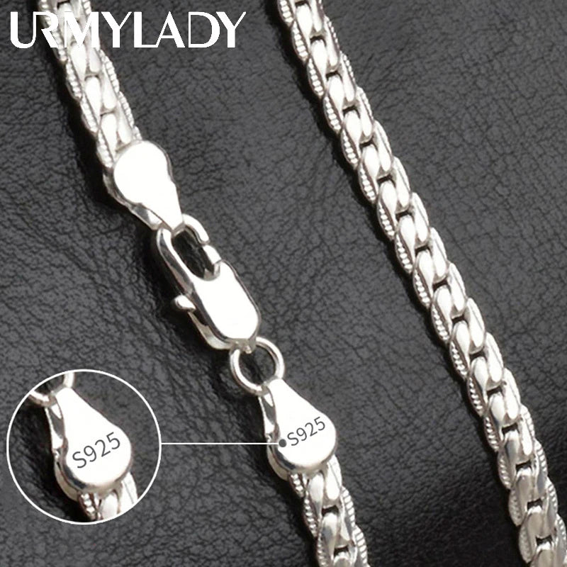 URMYLADY 925 الفضة الاسترلينية 2 قطعة 6MM سلسلة جانبية كاملة قلادة سوار للنساء الرجال مجموعات مجوهرات الأزياء هدية الزفاف