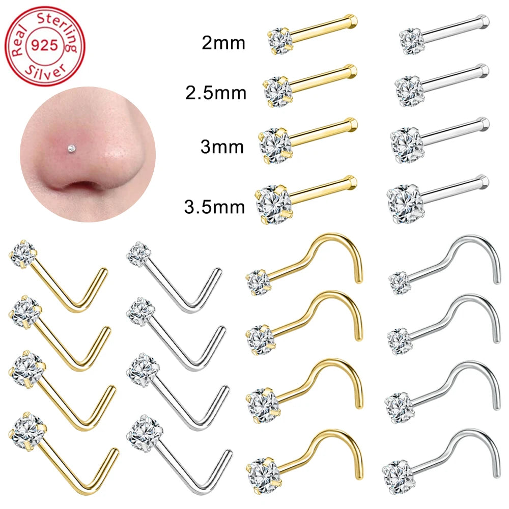 ZS 18/20G 925 Sliver Nostril Piercings Gold Plated Nose Studs Shiny Zircon Septum Nose Rings for Women Real Sterling Nose Stud