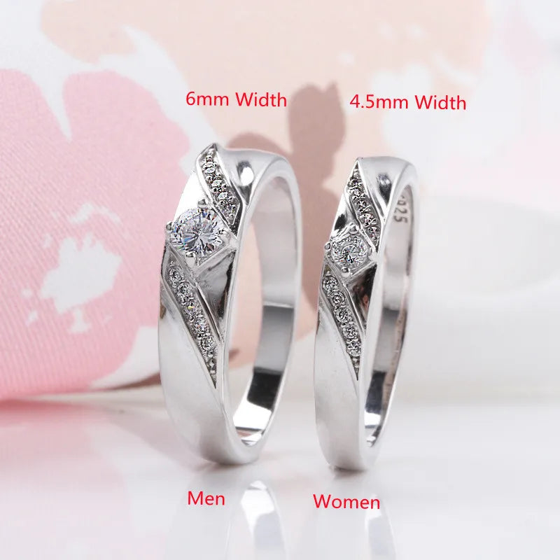 Buyee 925 Sterling Silver Couples Ring Sets White Zircon Simple Ring Finger for Woman Men Fashion Wedding Fine Jewelry Circle