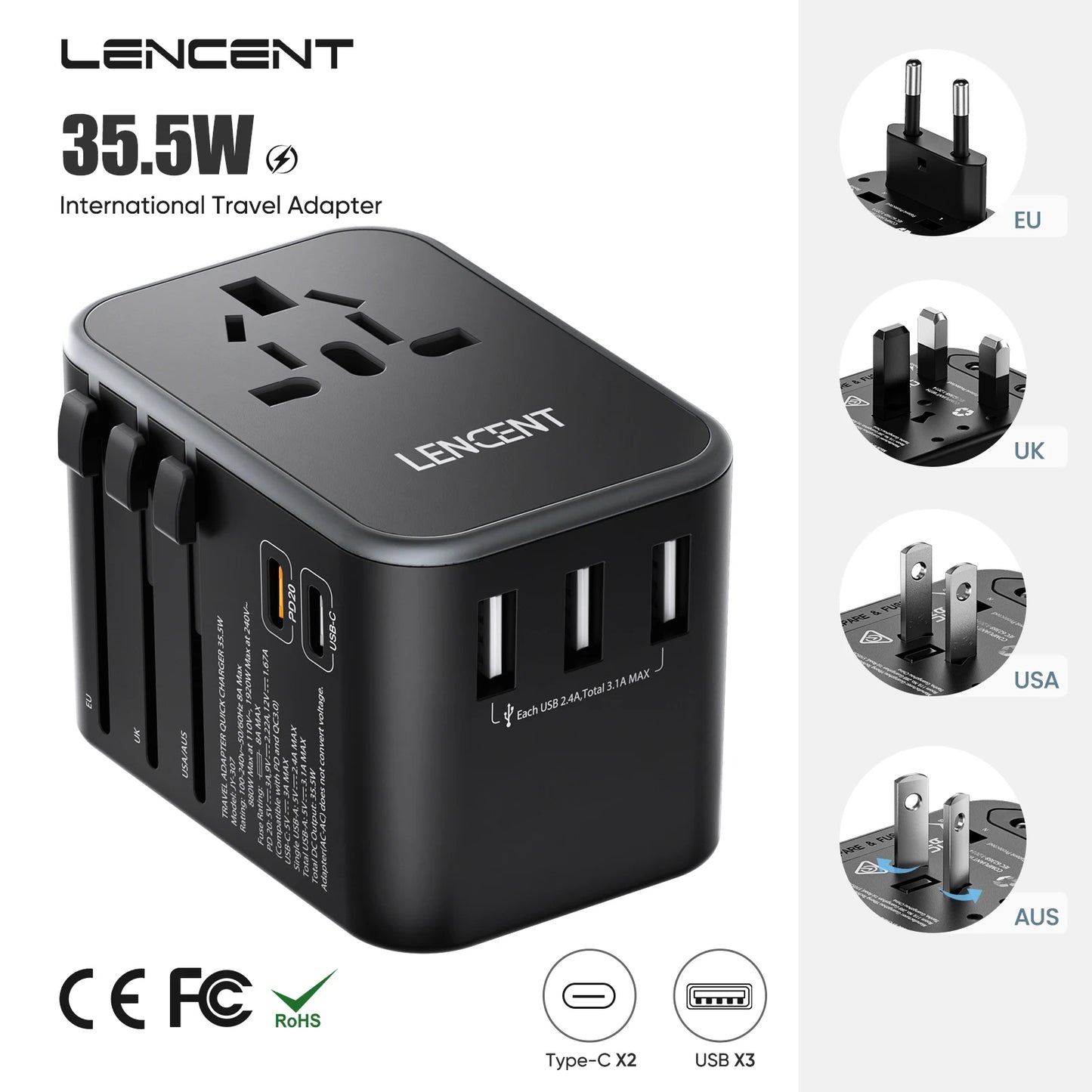 LENCENT 65W GaN 通用旅行适配器，带 2 个 USB 端口 3 型 C 快速充电电源适配器欧盟/英国/美国/澳大利亚插头，适合旅行