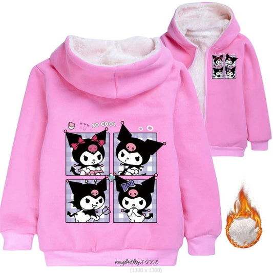 Cute Lovely Kuromi Melody Winter Costume Kids Thicken Fleece Hooded Jacket Toddler Girls Outfits Baby Boys Warm SportSuit