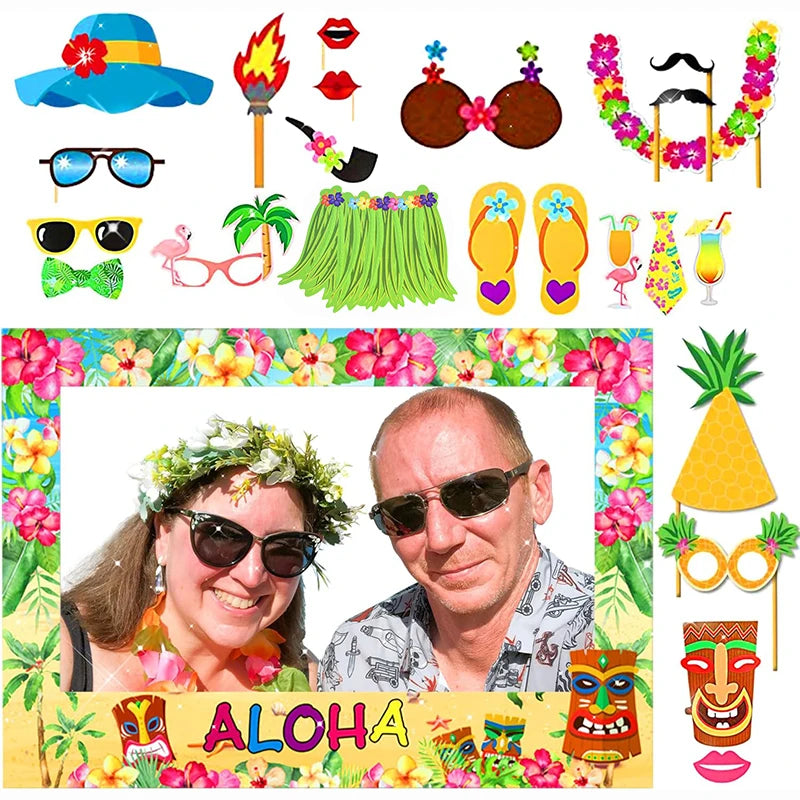 23pcs Hawaiian Party Decorations Photo Booth Props Paper Pineapple Flower Summer Beach Pool Party Hawai Aloha Party Supplies