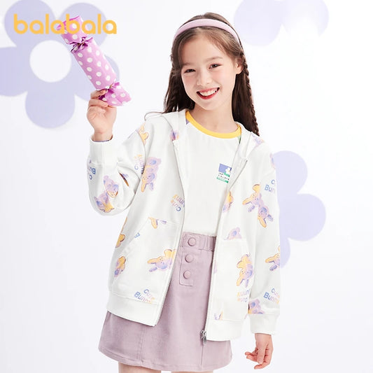 Balabala Kids Girl Jackets Spring and Autumn Hooded Rabbit Print Sweet Knitted Long-Sleeve Jacket