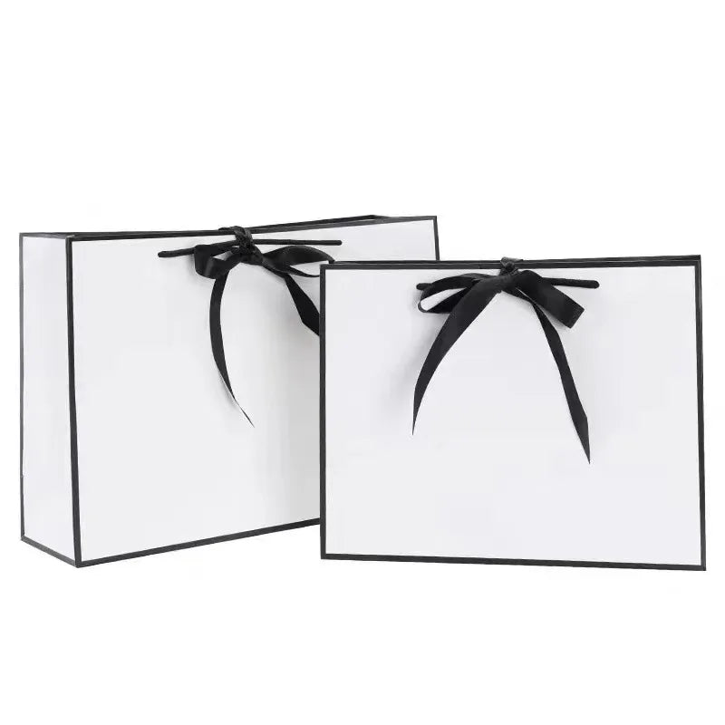 Luxury Large Gift Packaging White Paper Box With Black Border Shopping Bag Portable Tote Bags Bow Ribbon Dinner Party Supply DIY