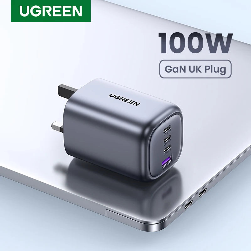 UGREEN 英国插头 GaN 100W 65W 快速充电器适用于 Macbook 平板电脑 快速充电适用于 iPhone 小米 USB Type C PD 充电器适用于 iPhone 14