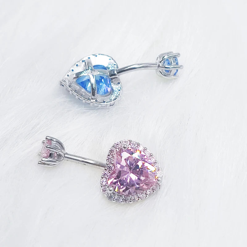 925 Sterling Silver Heart Belly Button Rings for Women – Blue & Pink CZ Navel Barbell Studs | Secure Screw Navel Bars | Trendy Body Piercing Jewelry by Bulbusbow