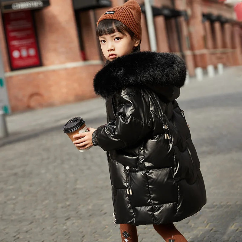 2024 Girl Winter Down Jacket Faux Fur Waterproof Hooded Long Girl Winter Outerwear Coat 5-16 Years Teenage Girl Parka Snowwear