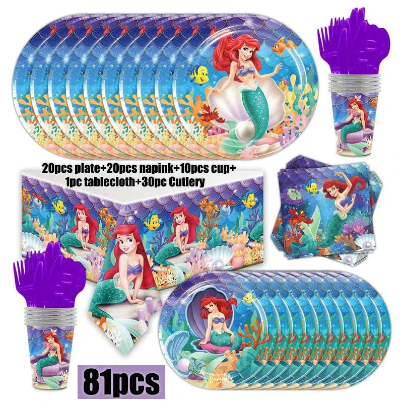 Disney The Little Mermaid Birthday Balloons Ariel Princess Paper Plates Napkins Cups Tablecloth Kids Party Decorations Supplies